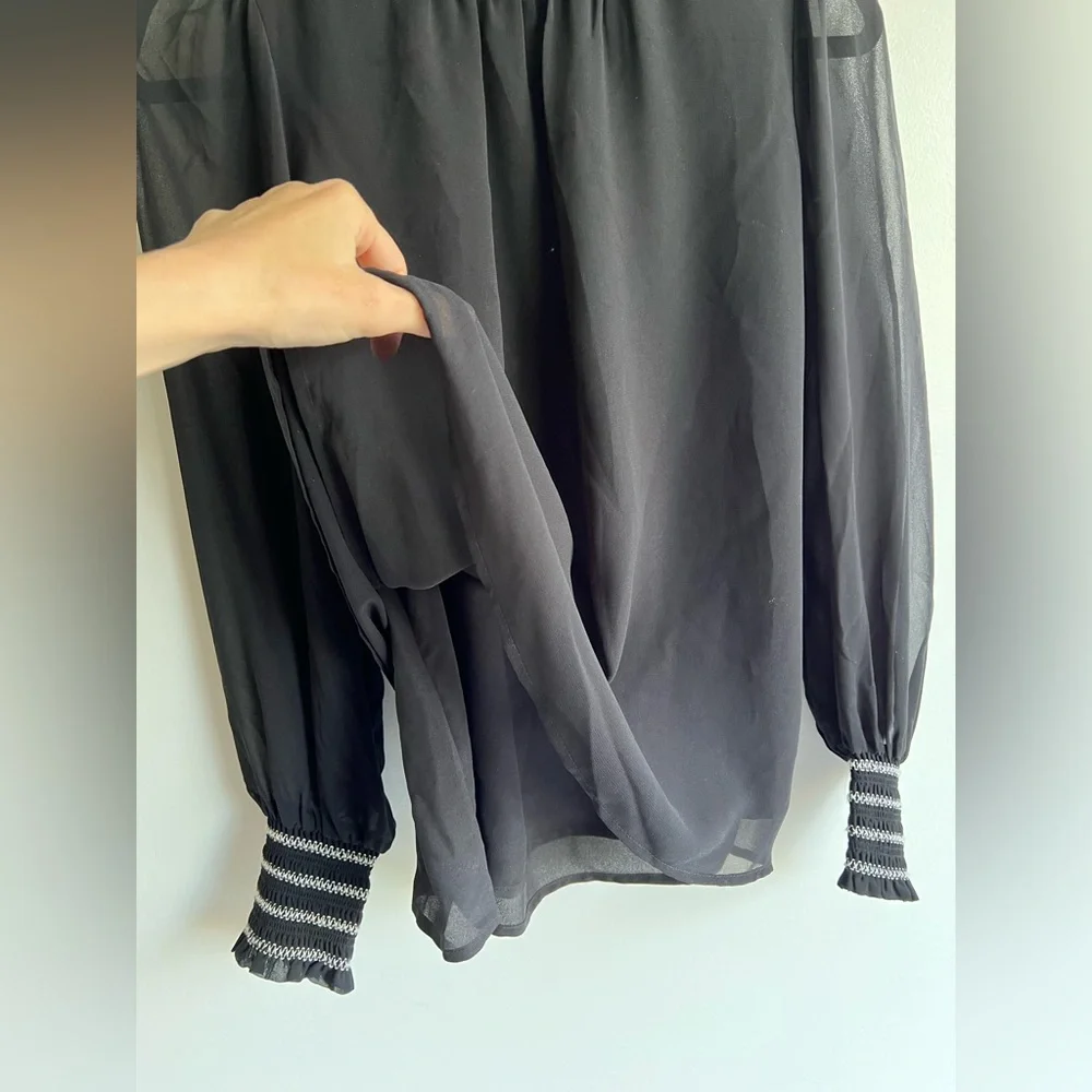 Karl Lagerfeld Paris Black Blouse Smocked Neck Puff Sheer Sleeve‎ Small